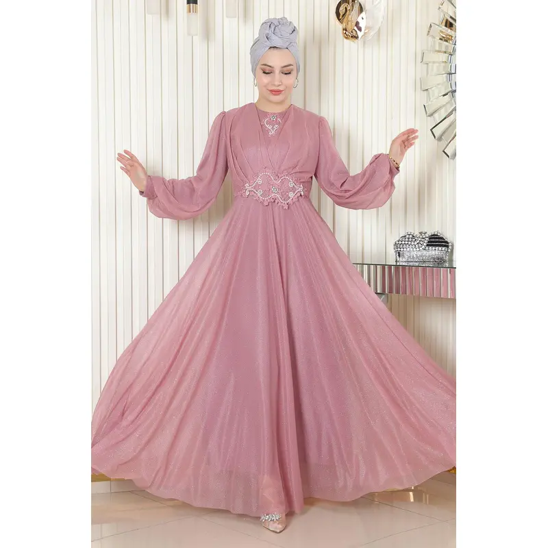 Pearl Detailed Draped Glitter Evening Dress Dusty Rose 19189