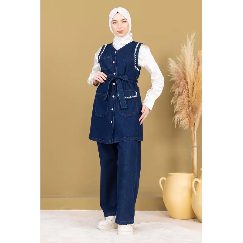 Pearl Detailed Two-Piece Denim Suit Dark Blue 19245