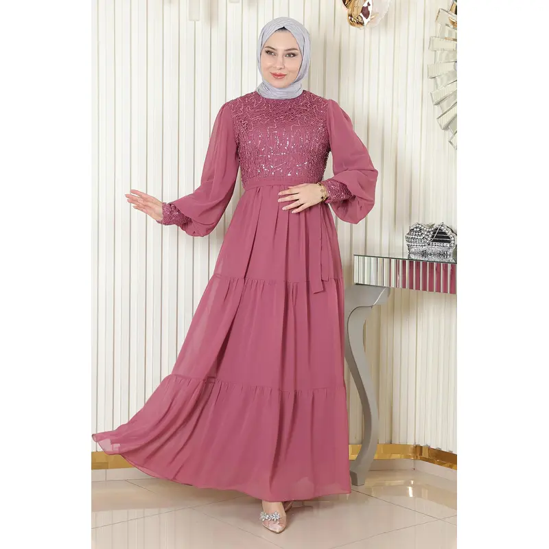 Sequined Chiffon Evening Dress Dusty Rose 19187