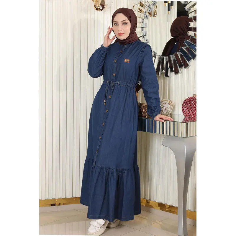 Tied Waist Buttoned Denim Dress Dark Blue 19193