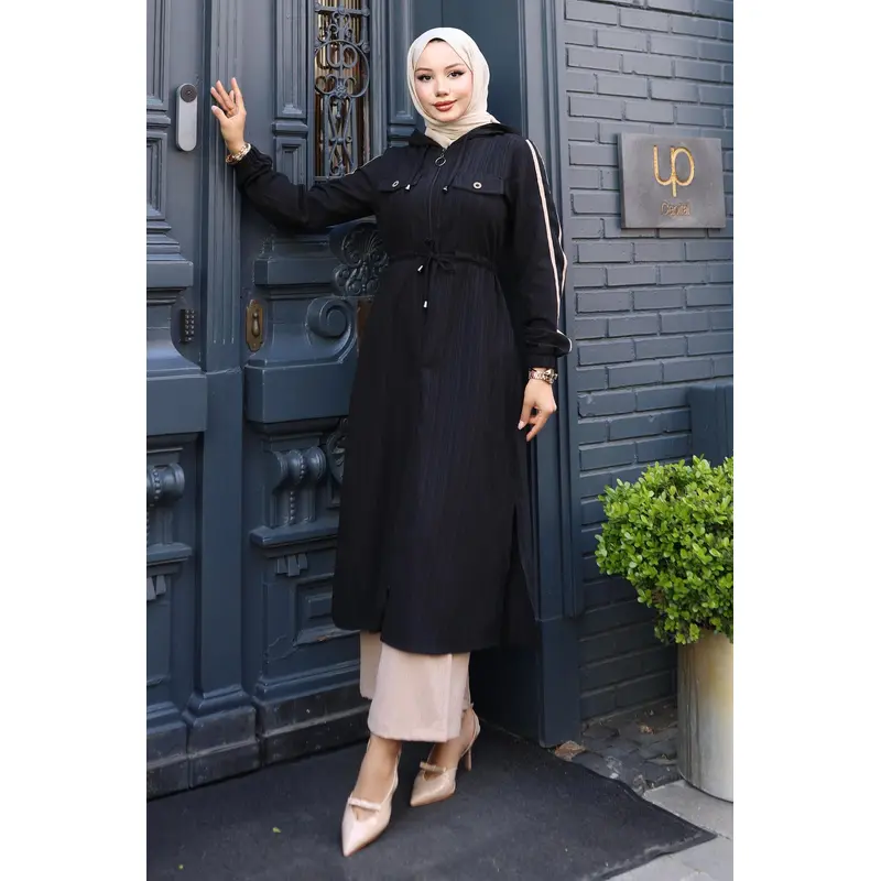 Tied Waist Hooded Suit Black 19241