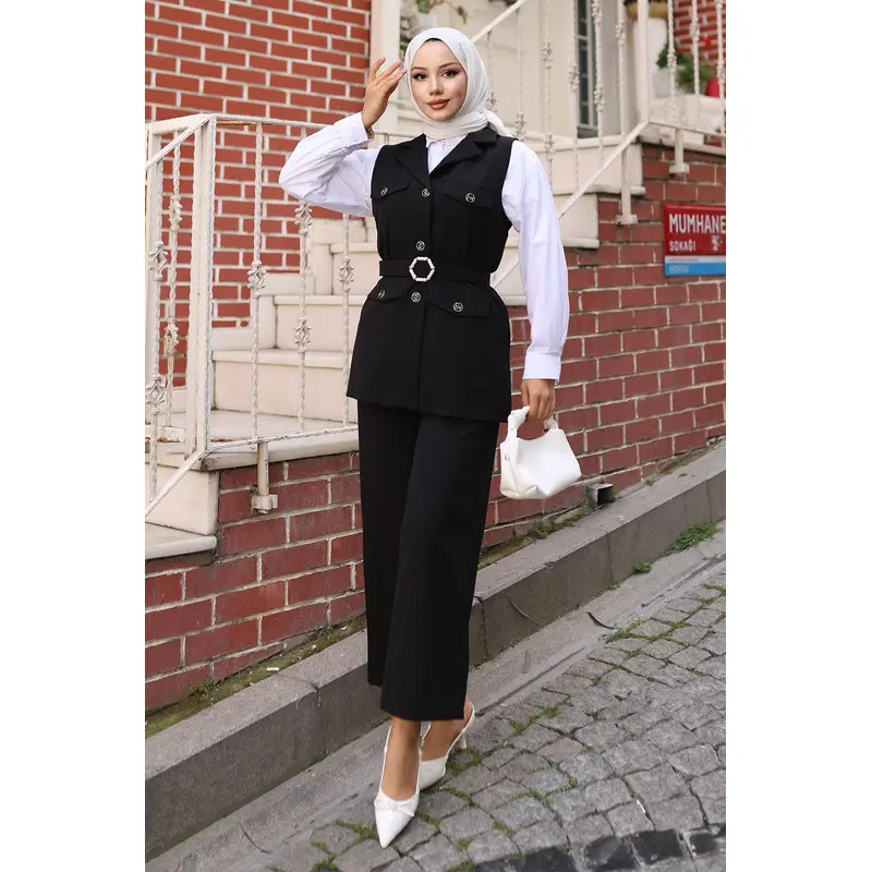 Vest Suit With Ornamental Pocket Detail, Black 19249