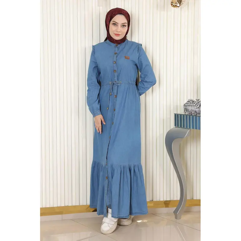 Waist-Tie Buttoned Denim Dress Light Blue 19193