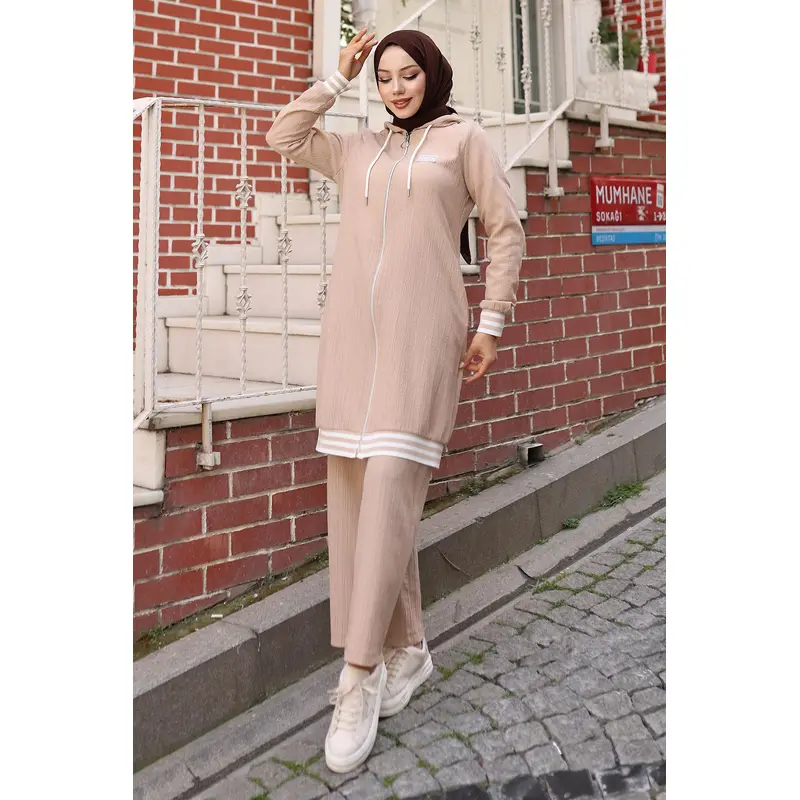 Zippered Ribbed Suit Beige 10405