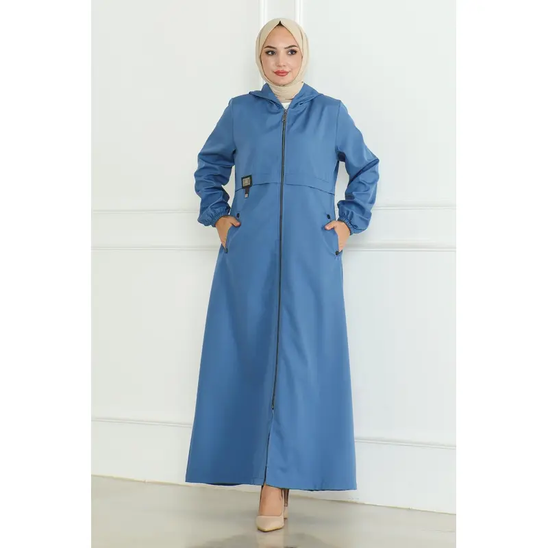 Emblem Zippered Trench Coat Blue 19217