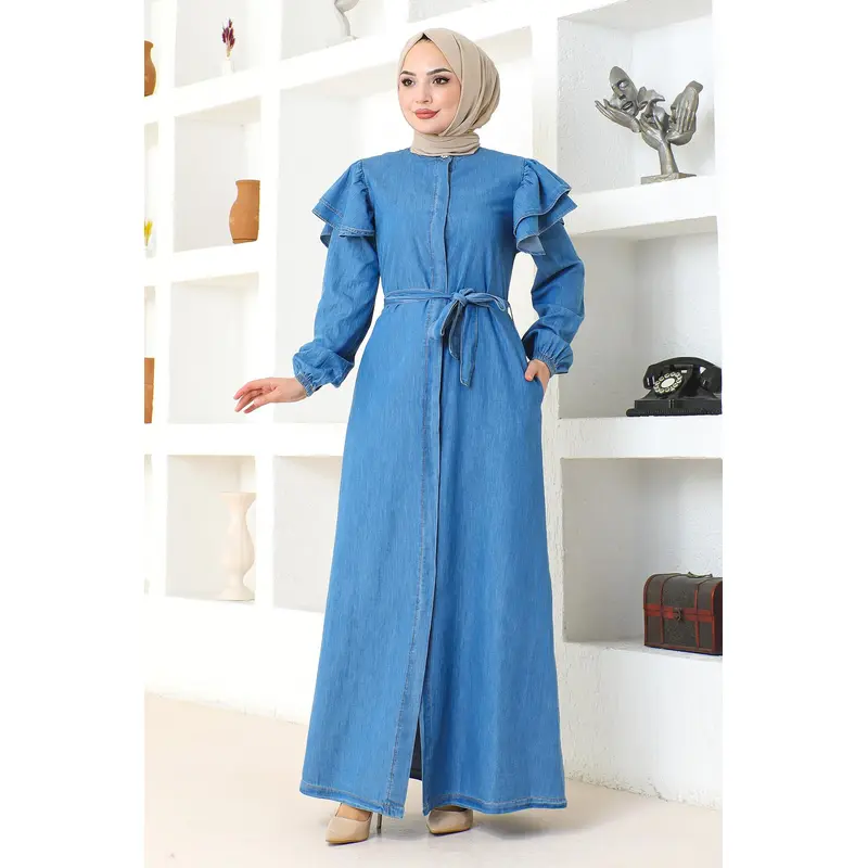 Frilled Shoulder Buttoned Abaya Light Blue 19204