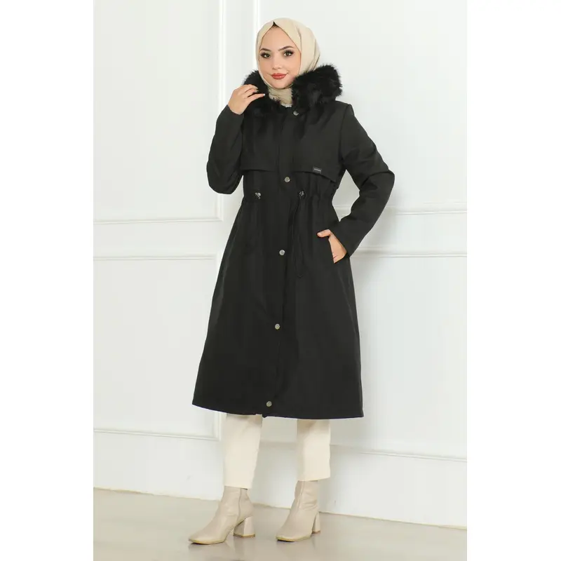 Hidden Zippered Hooded Coat Black 19211