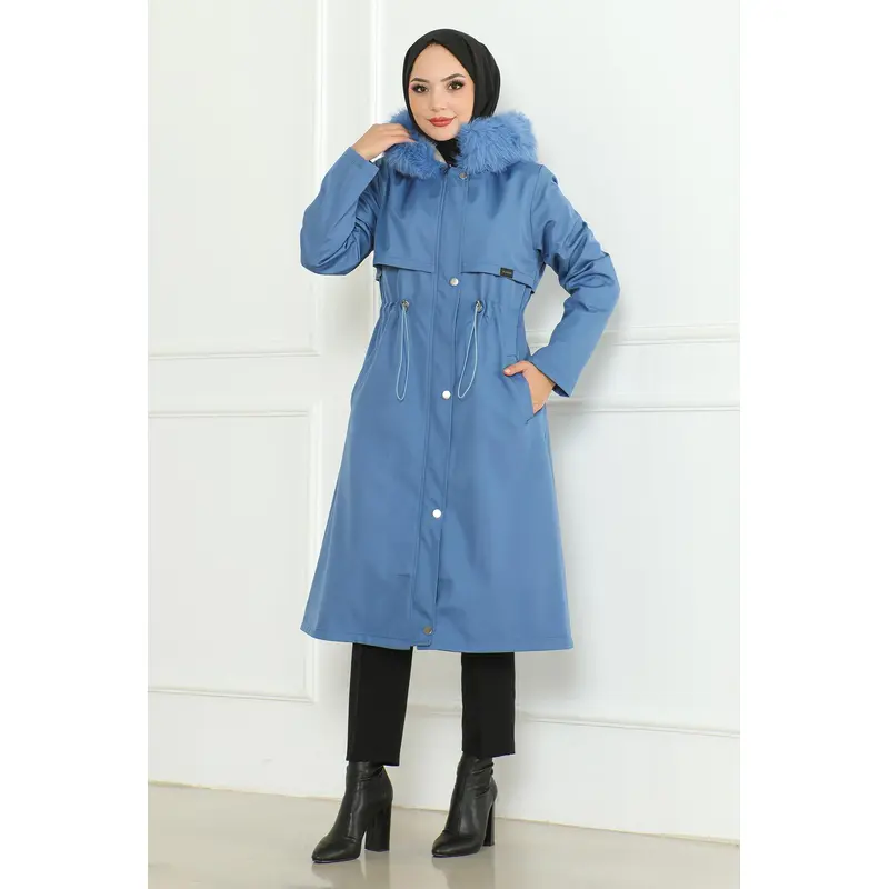 Hidden Zippered Hooded Coat Blue 19211