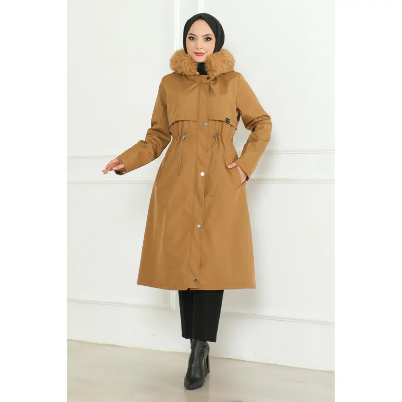Hidden Zippered Hooded Coat Tan 19211