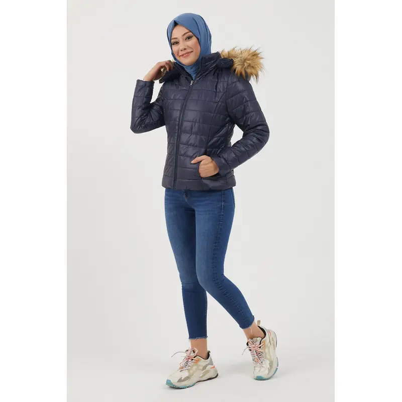 Hooded Short Quilted Coat Navy Blue 12262