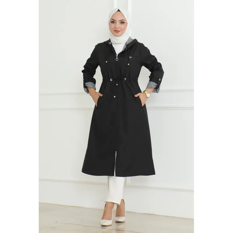 Hooded Zippered Trench Coat Black 19205