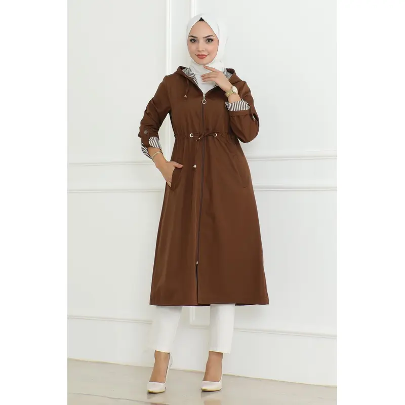 Hooded Zippered Trench Coat Tan 19205