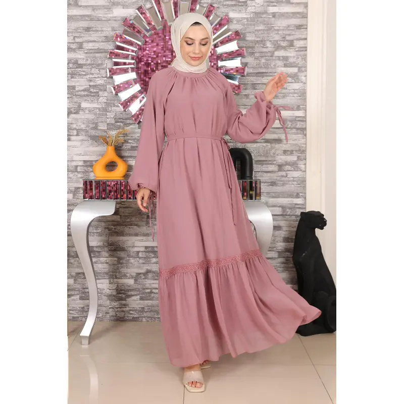 Lace Detailed Chiffon Evening Dress Dusty Rose 19143