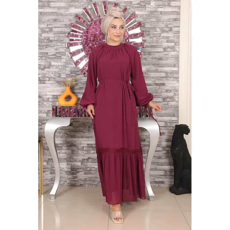 Lace Detailed Chiffon Evening Dress Plum 19143