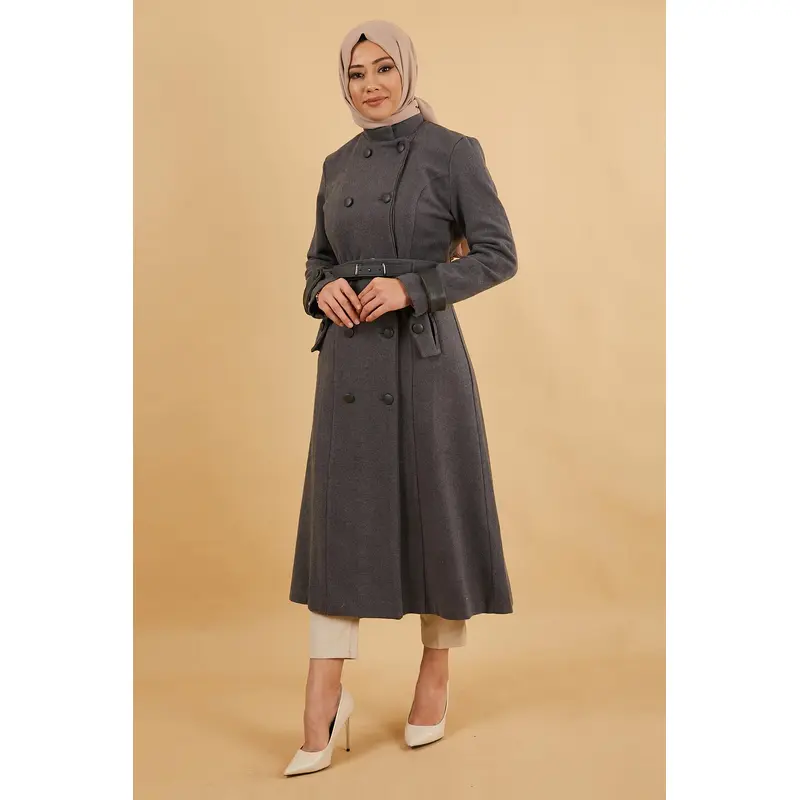 Leather Belted Cashmere Coat Gray 12261