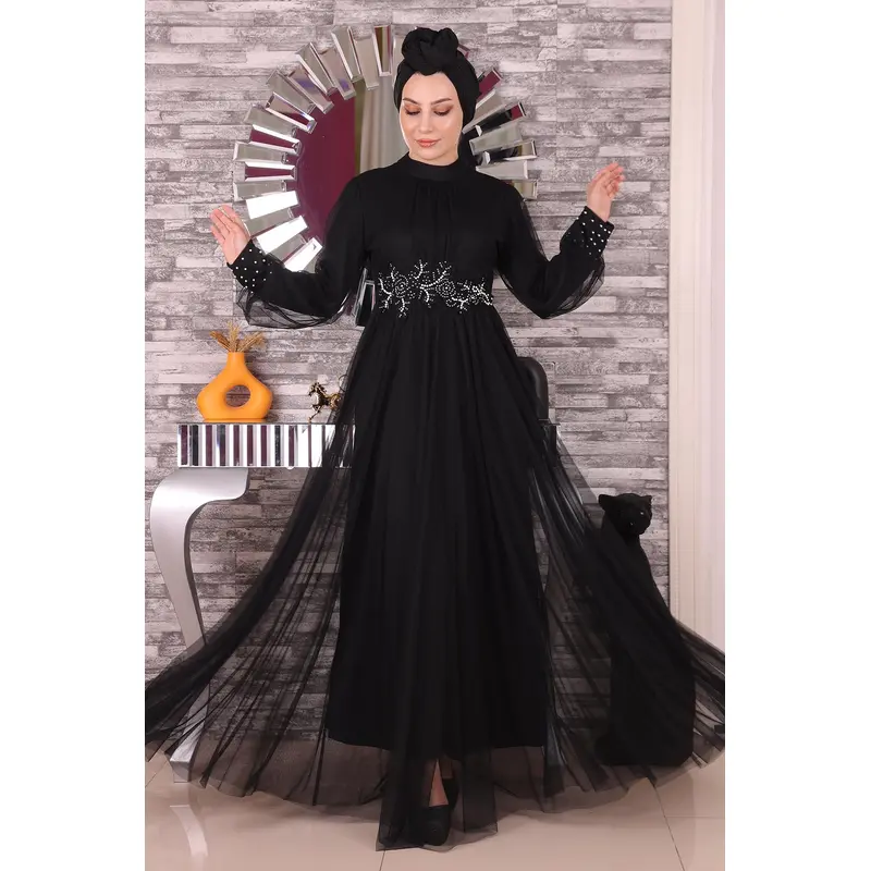 Pearl Lace Detailed Tulle Evening Dress Black 19199