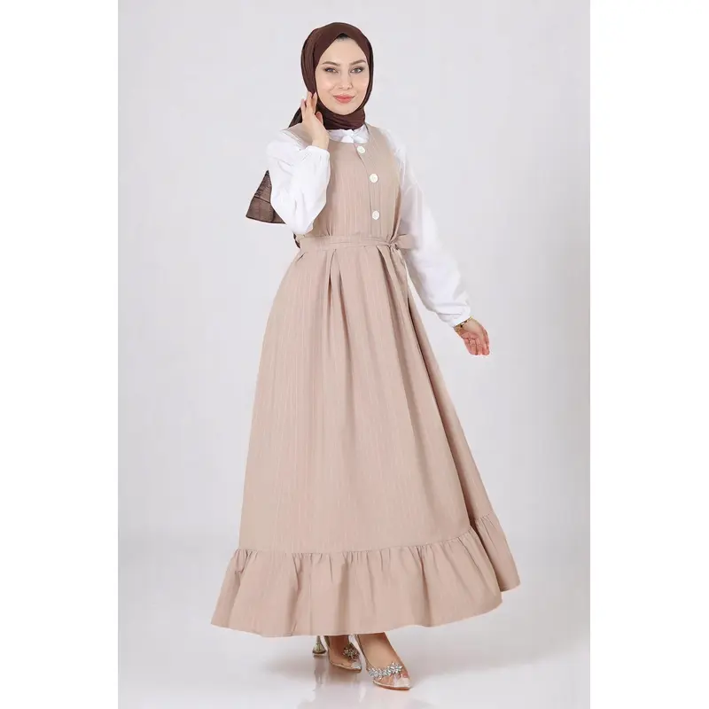 Pleated Skirt And Belted Vest Suit Beige 19221