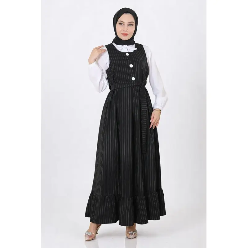 Pleated Skirt And Belted Vest Suit Black 19221