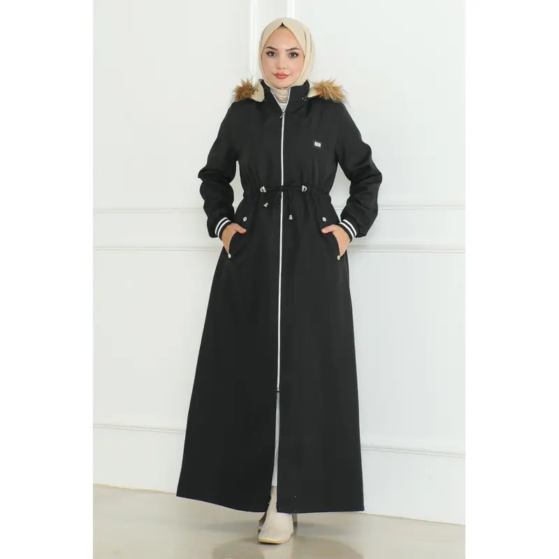 Ribbed Coat With Tie At Waist, Black 19215