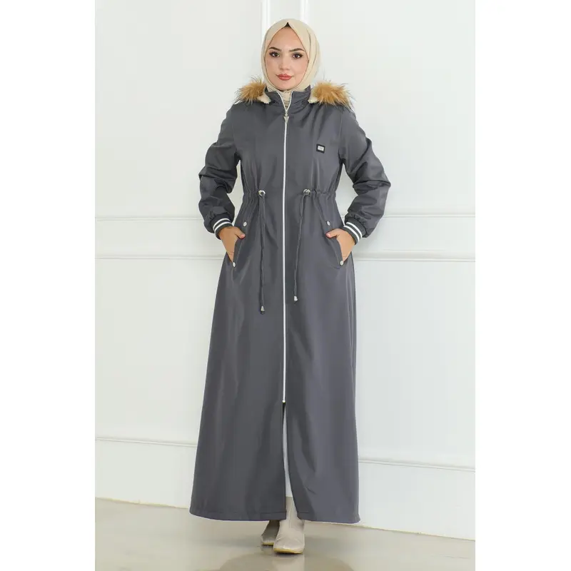 Ribbed Coat With Tie At Waist, Gray 19215