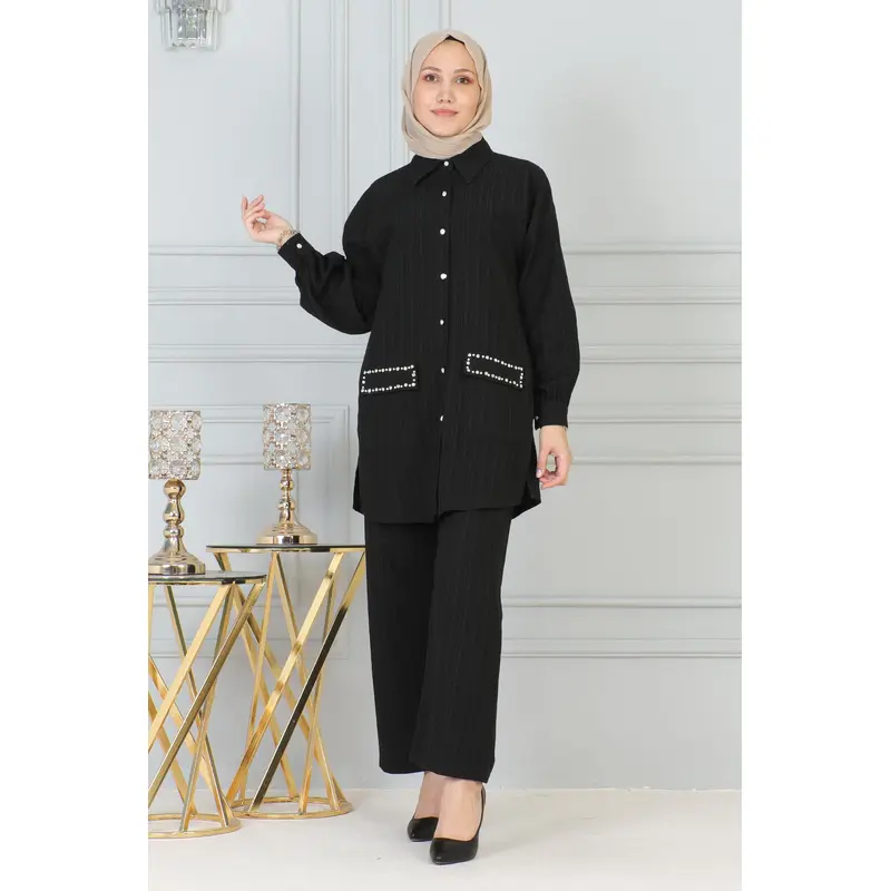 Stone Detailed Pocket Suit Black 19210