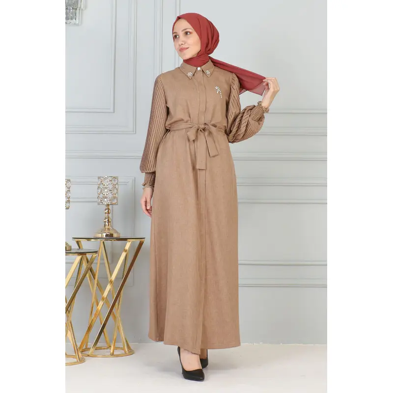 Stone Detailed Zippered Abaya, Tan 19208