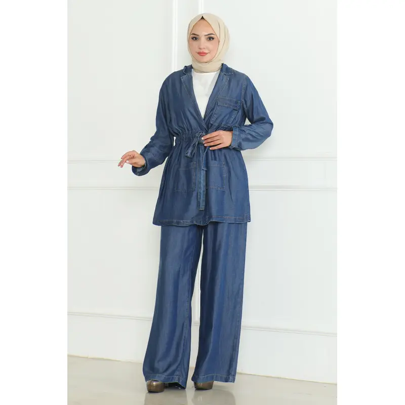 Tied Waist Denim Suit Dark Blue 19209