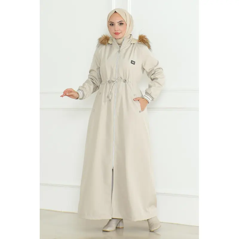 Tied Waist Ribbed Coat Beige 19215