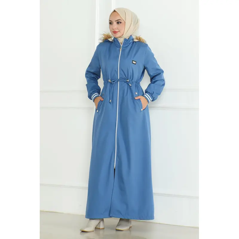 Tied Waist Ribbed Coat Blue 19215