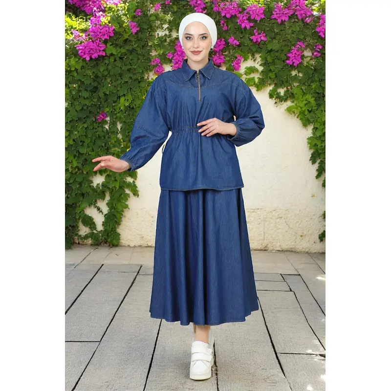 Waist Tie Detailed Skirted Denim Suit Dark Blue 19198