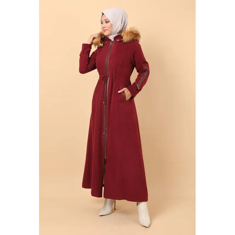 Zippered Leather Detailed Cashmere Coat Burgundy 12264