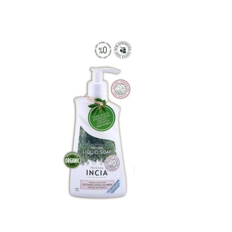 Incia 100% Natural Liquid Castile Soap For Sensitive Skin With Olive Oil 10 Herbal Valuable Oils Vegan 250 Ml