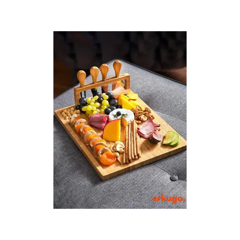 5 Piece Bamboo Cheese Serving Board And Fork - Spatula - Mini Spatula - Knife Set, Cheese Cutting Board, Presentation Set