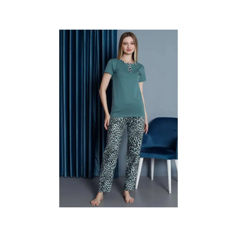 Leopard Pattern Short Sleeve Pajama Set Green