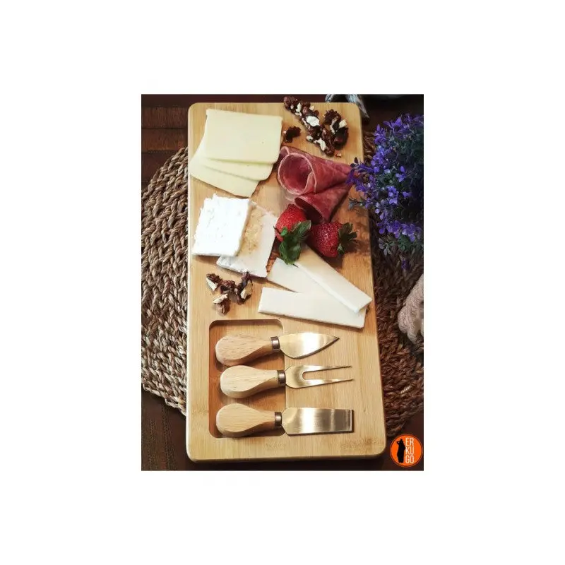 4 Piece Bamboo Cheese Serving Board And Fork - Spatula - Knife Set, Cheese Cutting Board, Presentation Set