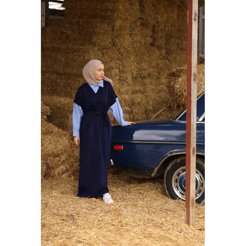 24001 Women's Shirt Garnish Knit Dress Navy Blue