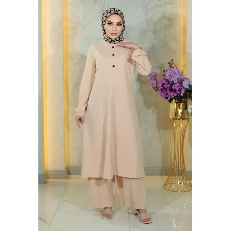 Buttoned Hijab Suit Beige Msw10358-3