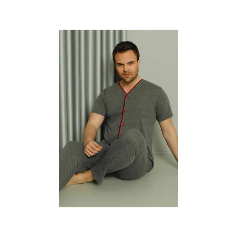 Full-Length Button Short Sleeve Men's Pajama Set Smoke-Colored