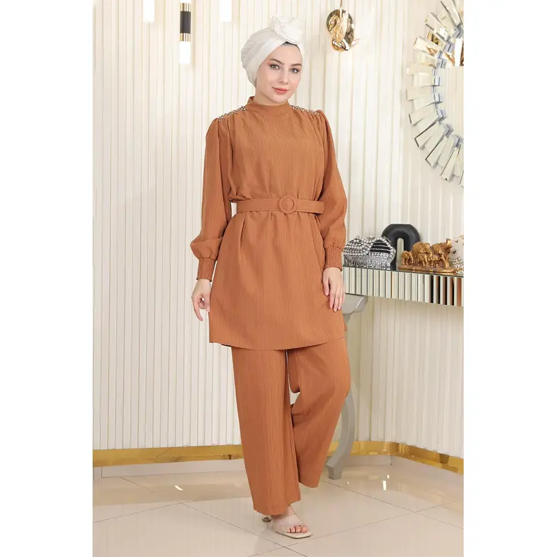 Stone Detailed Belted Set Tan Msw19104-4