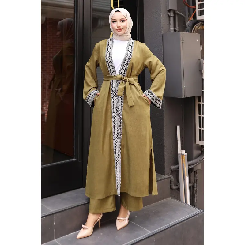 Ethnic Patterned Kimono Suit Khaki 19251