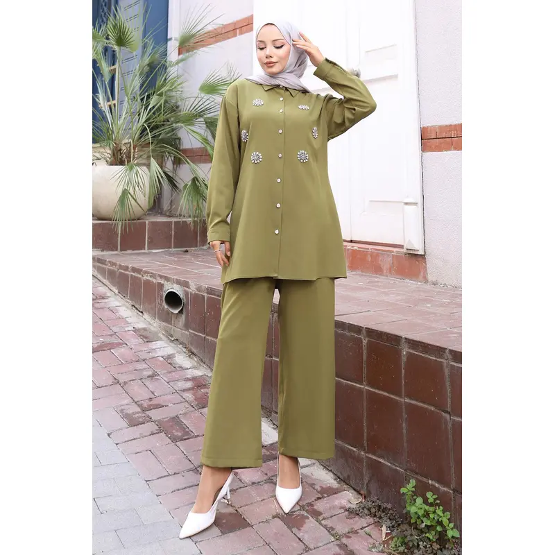 Glitter Stone Detailed Suit Khaki 19264