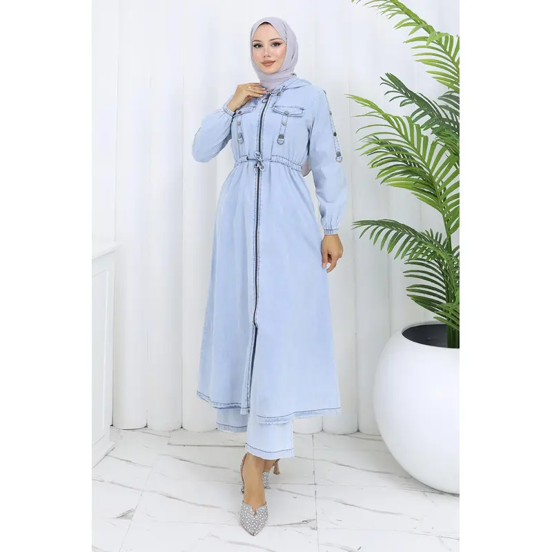 Hooded Tied Waist Denim Suit Ice Blue 19235