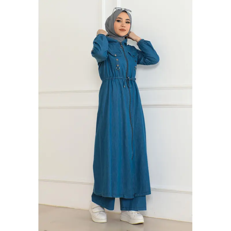Hooded Waist Tie-Down Denim Suit Light Blue 19235