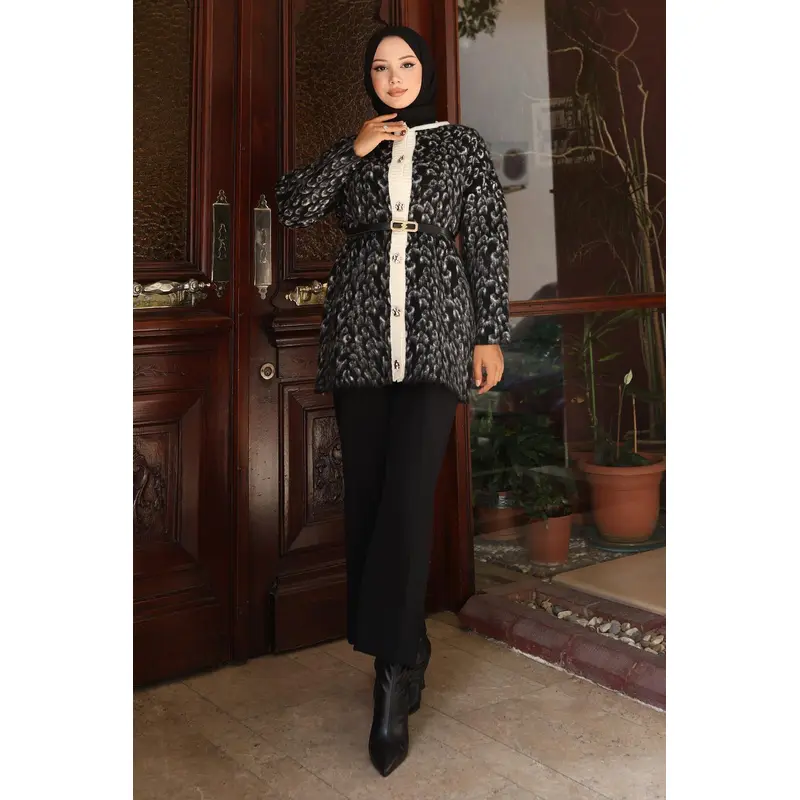 Leopard Patterned Knitwear Suit Black 6147