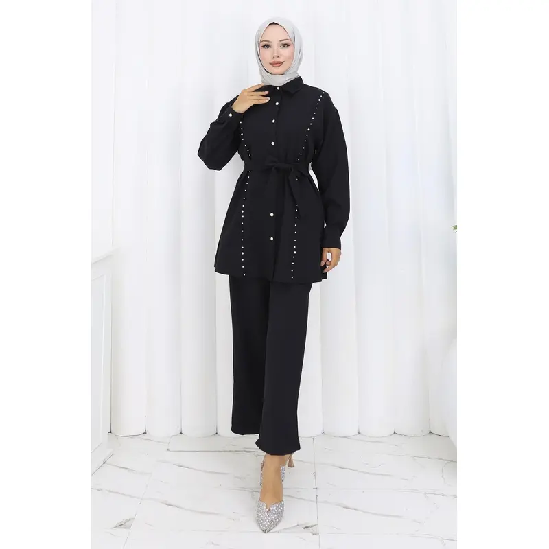Pearl Belted Two-Piece Suit Black 19265