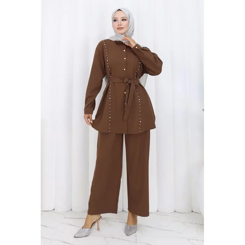 Pearl Belted Two-Piece Suit Brown 19265