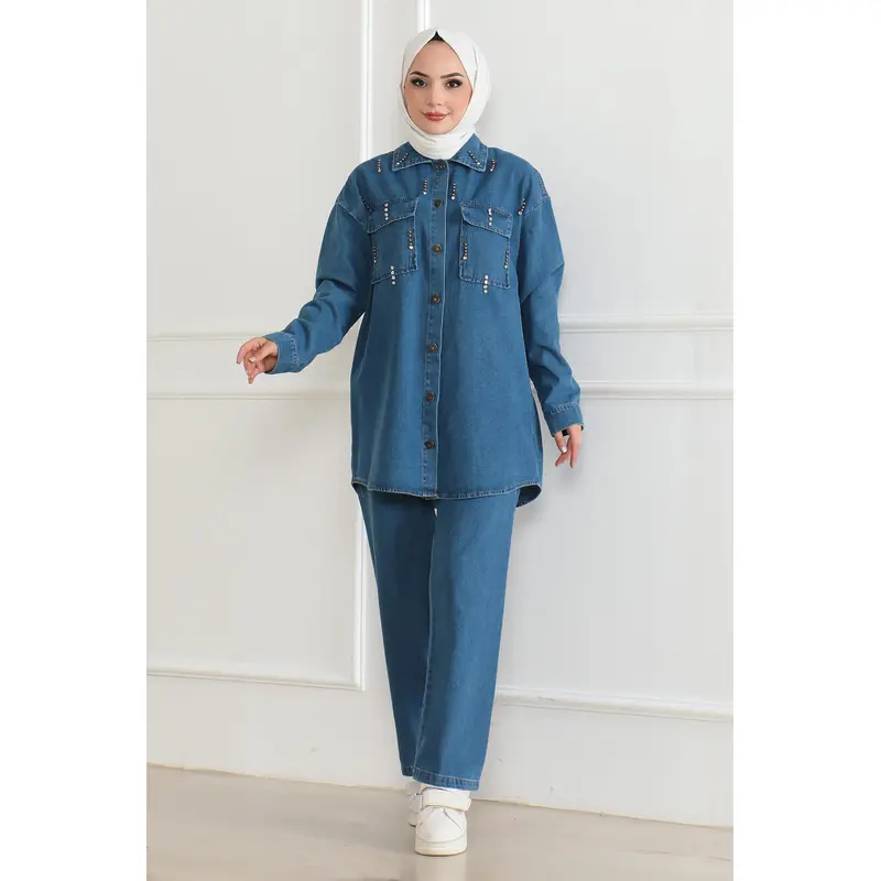 Pocket Stone Detailed Denim Suit Blue 19207