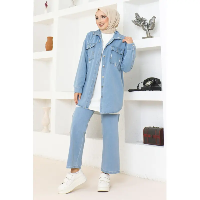 Pocket Stone Detailed Denim Suit Light Blue 19207