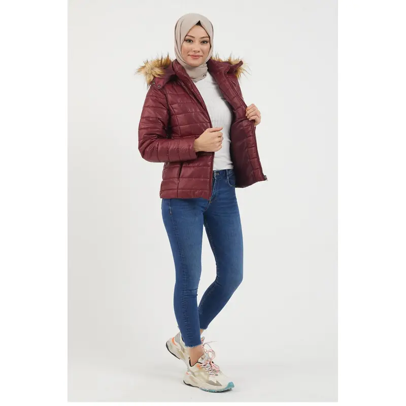 Hooded Short Quilted Coat Claret Red 12262