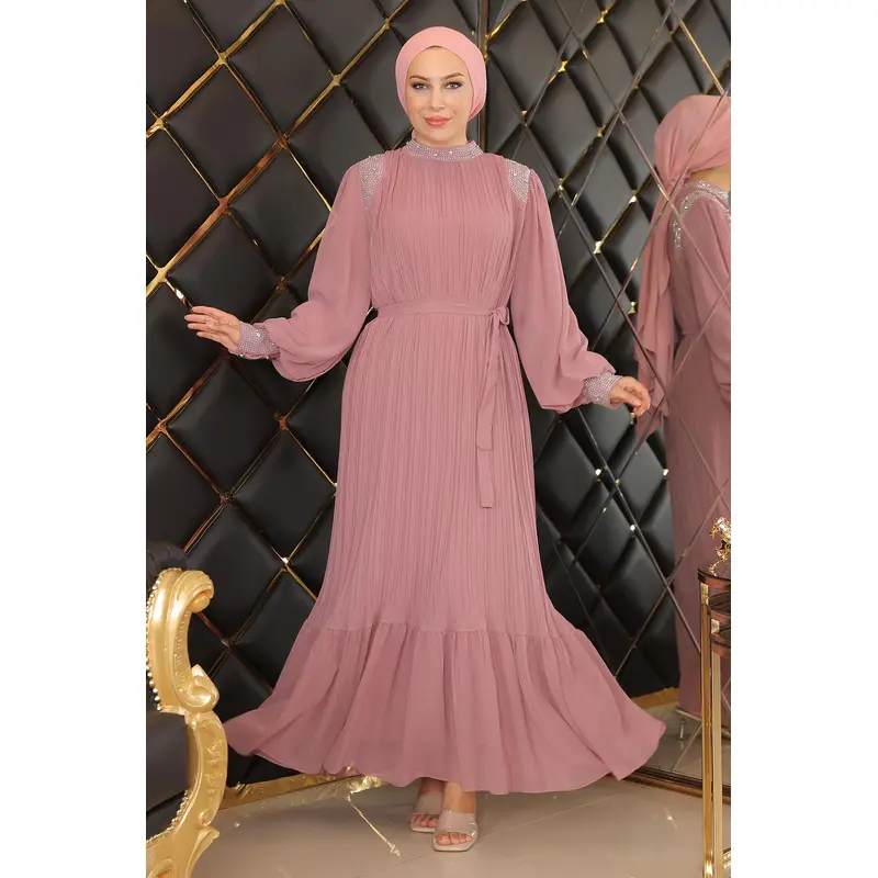 Pleated Stoned Chiffon Evening Dress Dusty Rose 19154